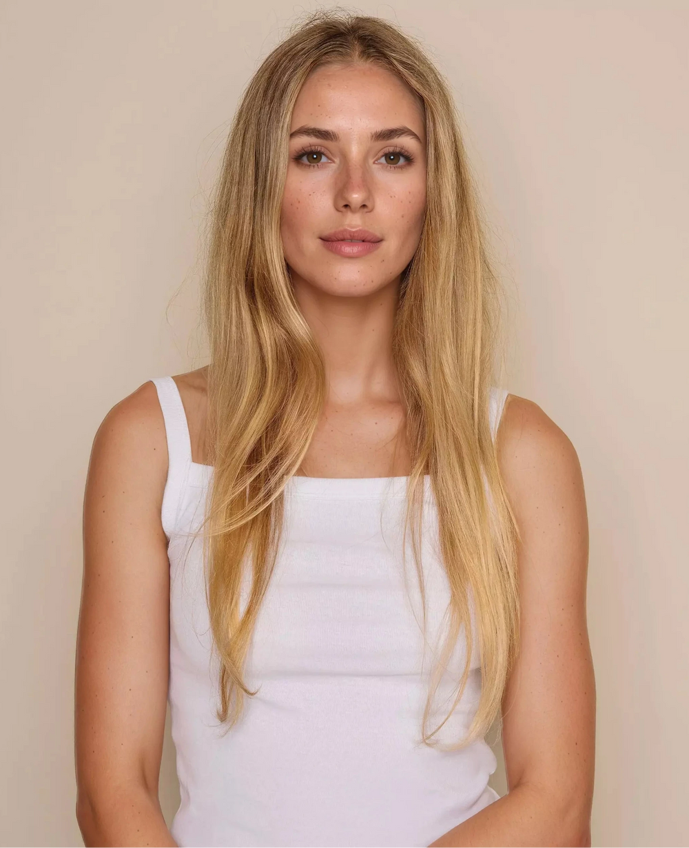 Woman with long blonde hair wearing a white tank top against a beige background