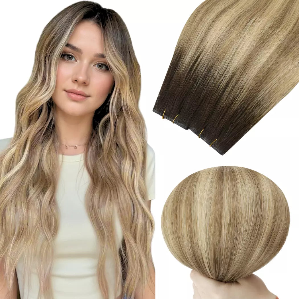 Woman with long wavy hair and close-up of blonde butterfly weft hair extensions on a white background