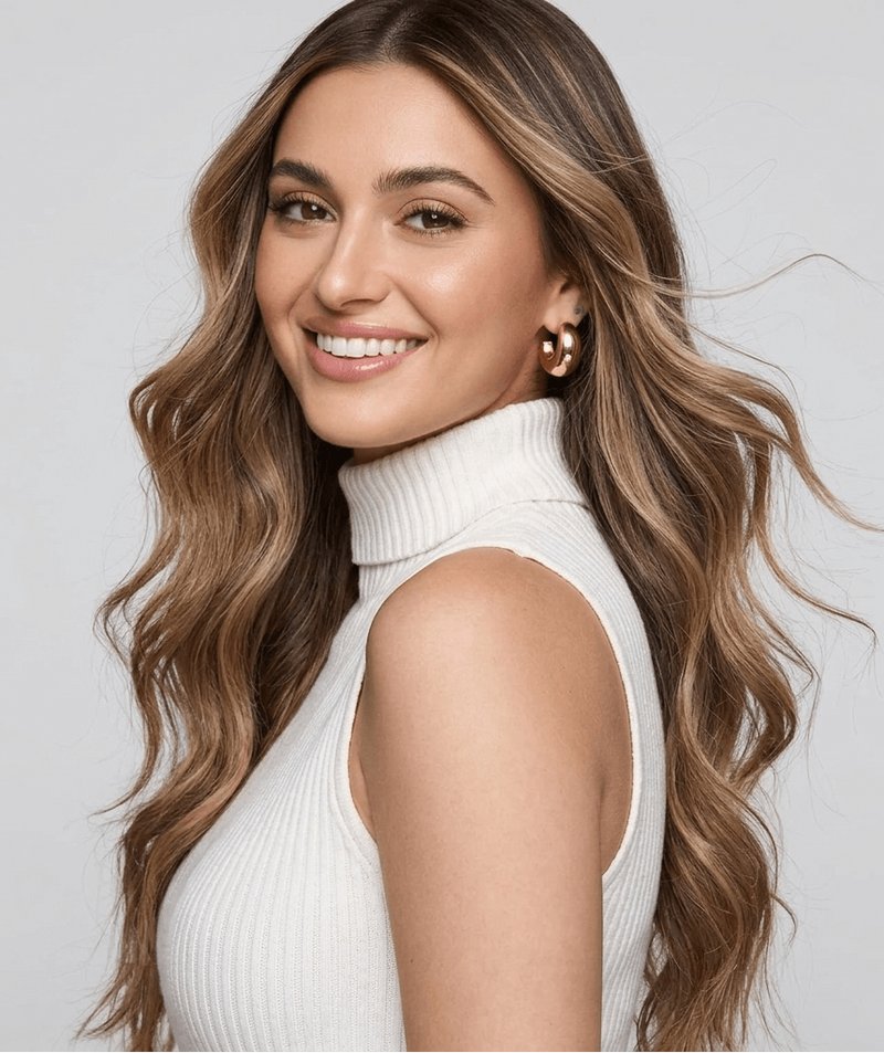 Woman with long wavy hair wearing a white turtleneck sweater against a light background