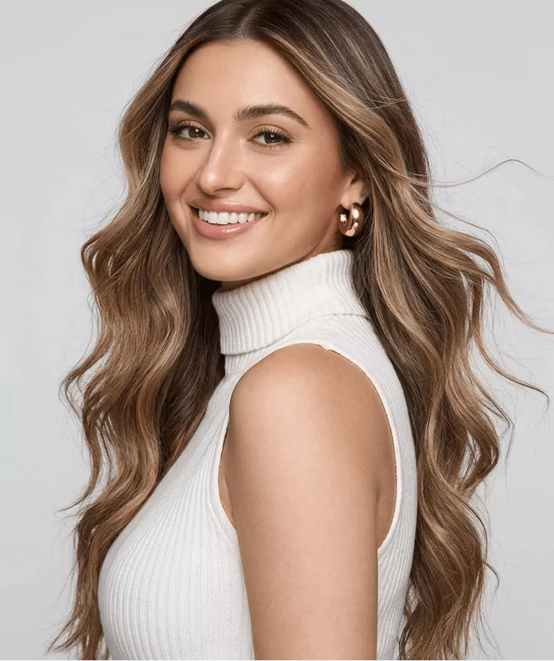 Woman with brown wavy hair extensions creating natural length and fullness.