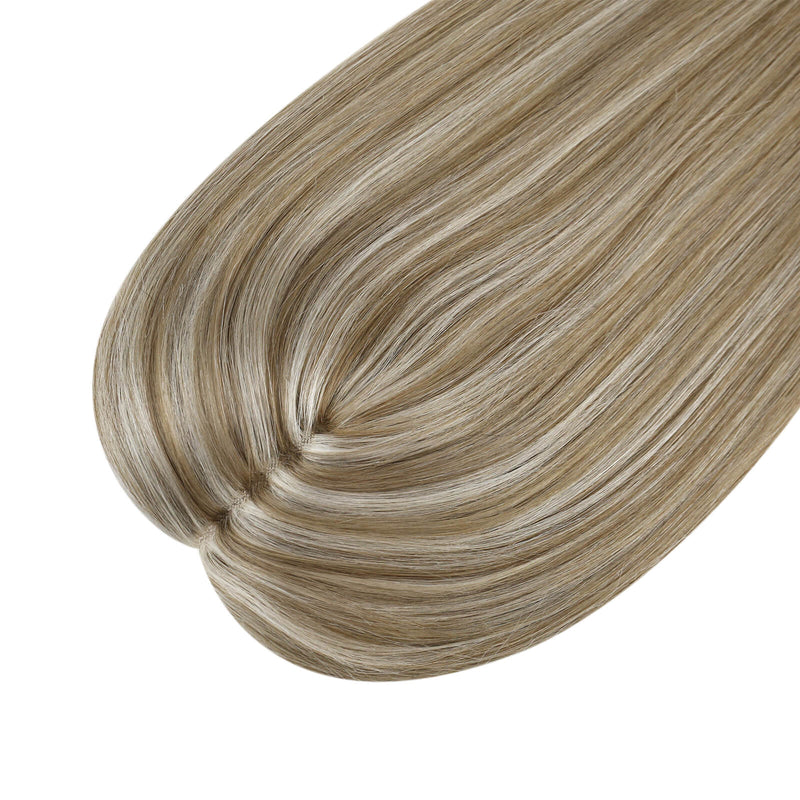 Load image into Gallery viewer, A close-up of a hair topper section with a blended light brown and blonde balayage pattern, styled in a straight on a solid white background.
