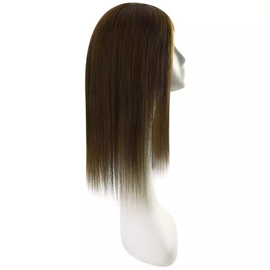 A straight, shoulder-length topper with a dark brown color, displayed on a white mannequin head against a plain white background.