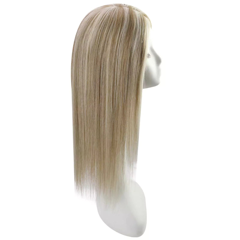 Load image into Gallery viewer, A straight, shoulder-length topper with a blonde color, displayed on a white mannequin head against a plain white background.
