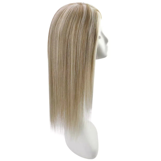 A straight, shoulder-length topper with a blonde color, displayed on a white mannequin head against a plain white background.