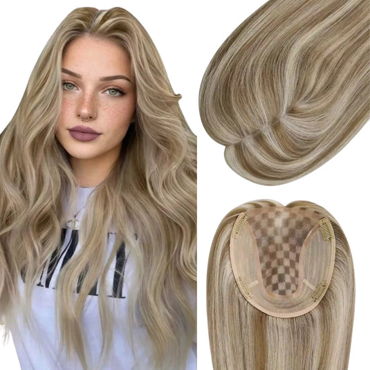 Blonde highlights hair topper shown on a model and close-up on a white background