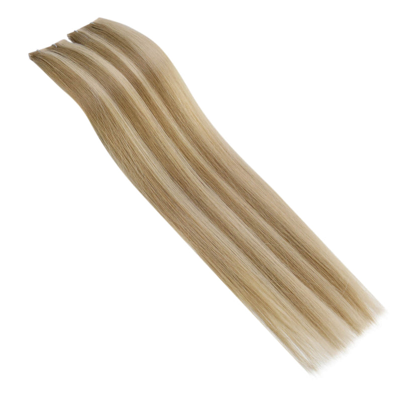 Load image into Gallery viewer, high-quality blonde highlights extensions, 20-inch blonde highlights tape in, seamless blonde highlights tape in extensions, soft pink blonde highlights tape in, 22-inch blonde highlights hair extensions,virgin human hair,highest quality human hair,full cuticle hair
