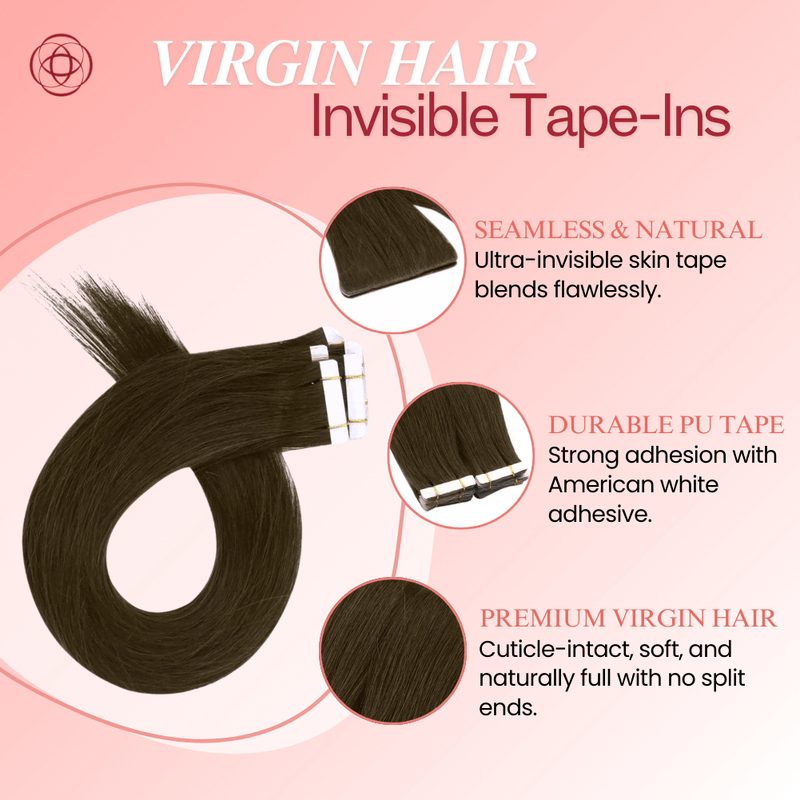 Load image into Gallery viewer, medium brown hair tape in extensions, invisible tape in medium brown extensions, 18-inch medium brown tape in, high-quality tape in hair for brown hair, seamless medium brown tape in extensions, natural medium brown virgin hair, 20-inch medium brown hair extensions, tape in extensions for medium brown hair
