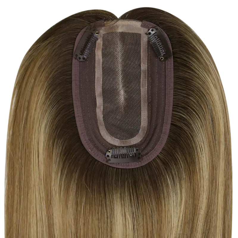 Load image into Gallery viewer, Light brown hair topper with a 3*5 inch base on a white background
