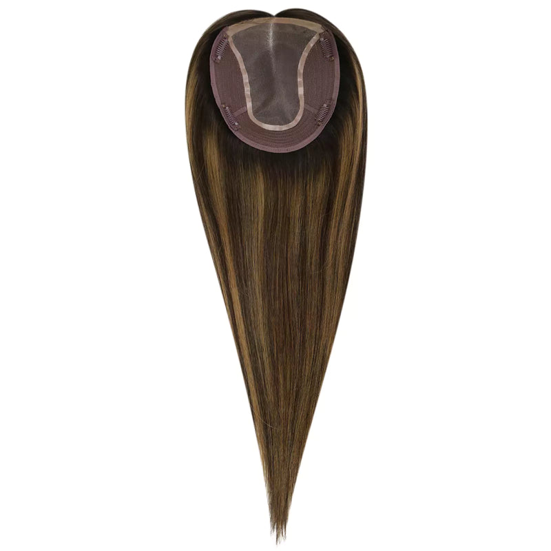 Load image into Gallery viewer, A long hair piece with a heart-shaped top and a tapered bottom, shown against a plain white background. The hair features a blend of dark brown and blonde tones.

