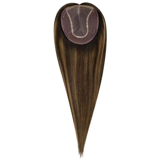A long hair piece with a heart-shaped top and a tapered bottom, shown against a plain white background. The hair features a blend of dark brown and blonde tones.