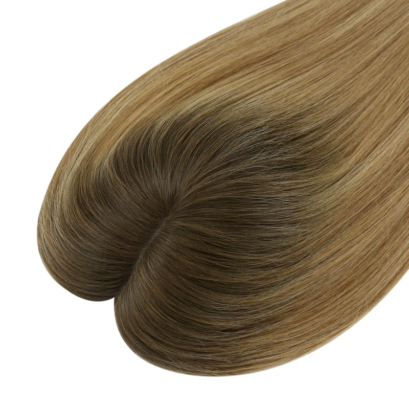 Load image into Gallery viewer, balayage brown with blonde highlights virgin human hair topper on a white background
