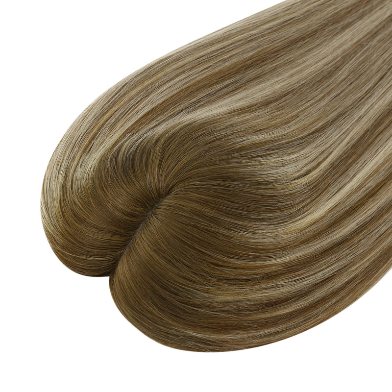 Load image into Gallery viewer, balayage brown with blonde highlights virgin human hair topper on a white background
