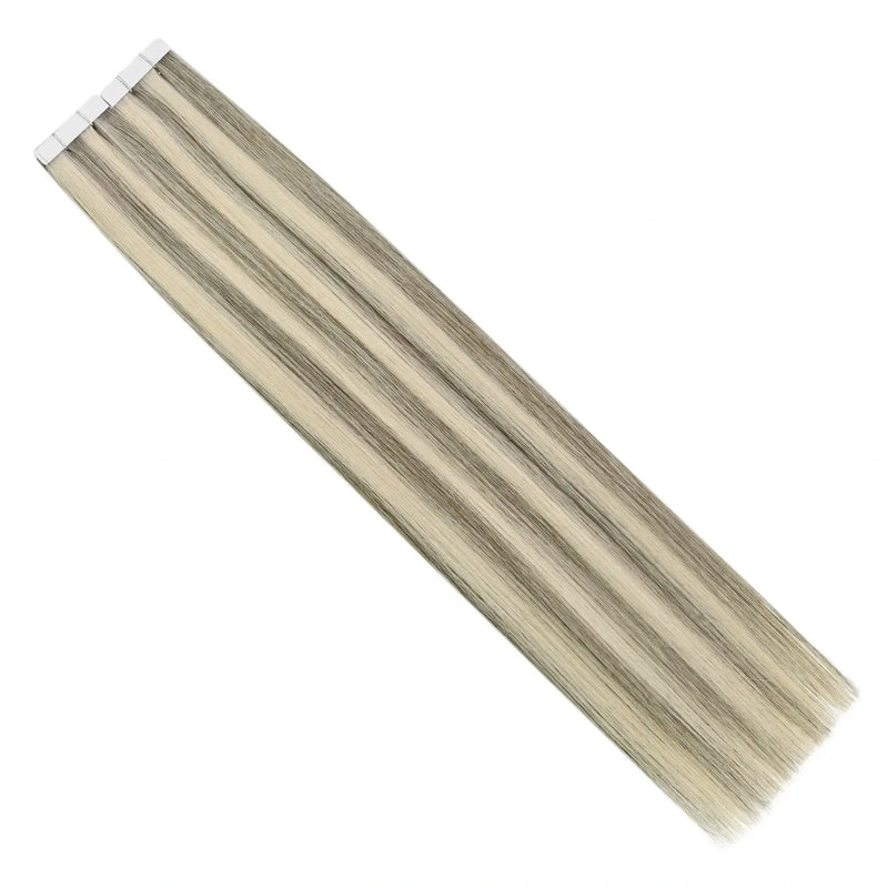 Load image into Gallery viewer, Moresoo silver gray blonde balayage tape-ins, 16-inch extensions, seamless gold highlights, luxurious gray blonde mix, high-quality balayage extensions, natural silver blonde blend, smooth ombre highlights, invisible tape-in extensions, salon-quality hair, long-lasting adhesive
