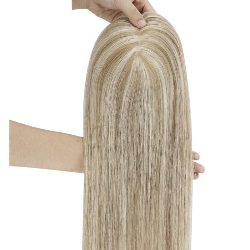 Load image into Gallery viewer, A long, straight topper with a blonde highlight color, displayed on a white mannequin head against a plain white background.
