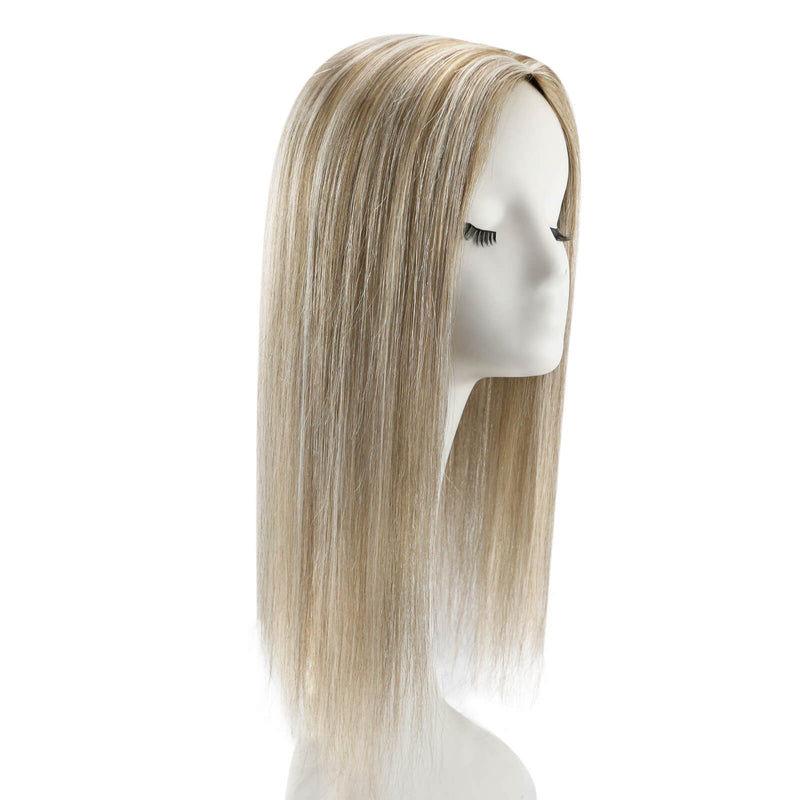 Load image into Gallery viewer, A long, straight topper with a blonde highlight color, displayed on a white mannequin head against a plain white background.
