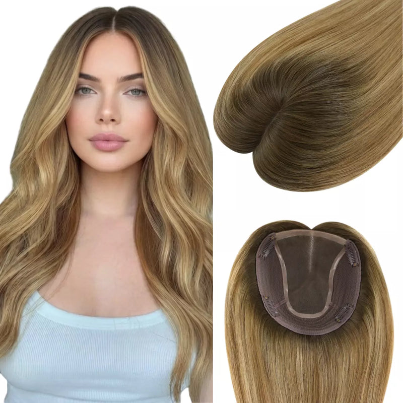 Load image into Gallery viewer, A hairpiece extension shown on a model with long wavy blonde-brown hair, alongside close-up views of the hair texture and the underside with attachment clips. The product being sold is the hairpiece, not the model's hair or clothing.
