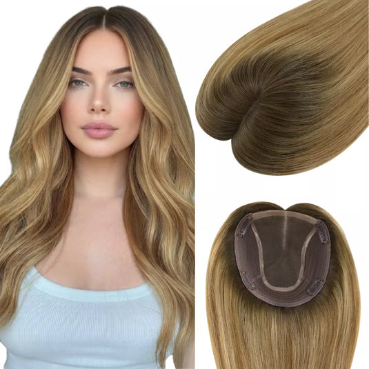 A hairpiece extension shown on a model with long wavy blonde-brown hair, alongside close-up views of the hair texture and the underside with attachment clips. The product being sold is the hairpiece, not the model's hair or clothing.