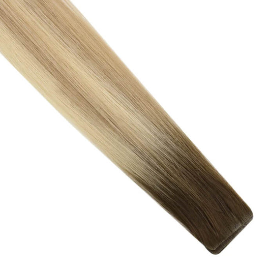 Moresoo deep brown to blonde ombre tape ins, 14-inch ombre balayage hair extensions, high-quality brown blonde ombre hair, luxurious deep brown to blonde ombre, seamless ombre tape ins, premium ombre extensions, natural deep brown blonde ombre, invisible brown blonde ombre extensions, smooth ombre balayage, salon-quality ombre hair