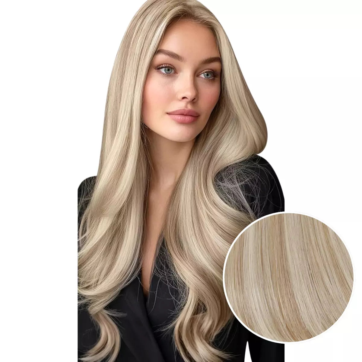Woman with long blonde hair and a color swatch of the same shade on a white background