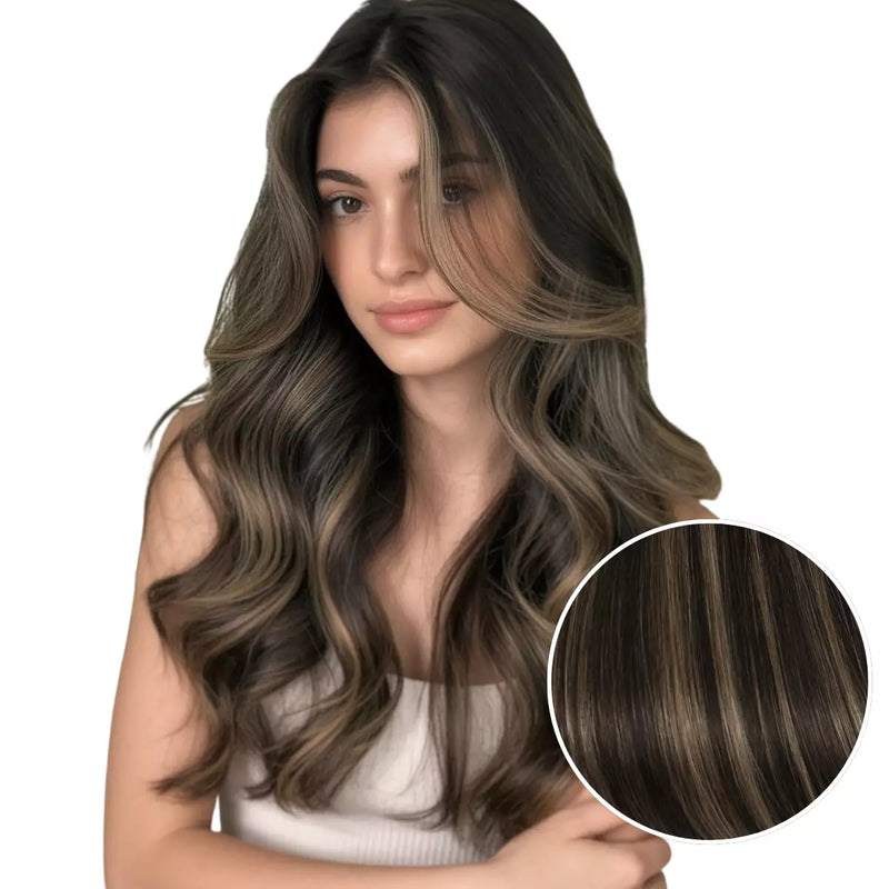 Load image into Gallery viewer, Woman with long, wavy hair featuring a brown and blonde ombre, with a close-up of the hair color on a beige background.
