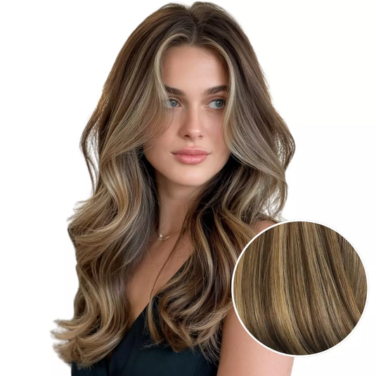 Woman with long, wavy hair featuring brown and blonde tones, with a close-up inset of the hair color.