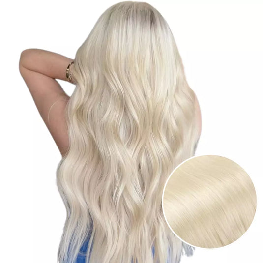 Woman with long, wavy blonde hair and a close-up of the hair color on a white background.