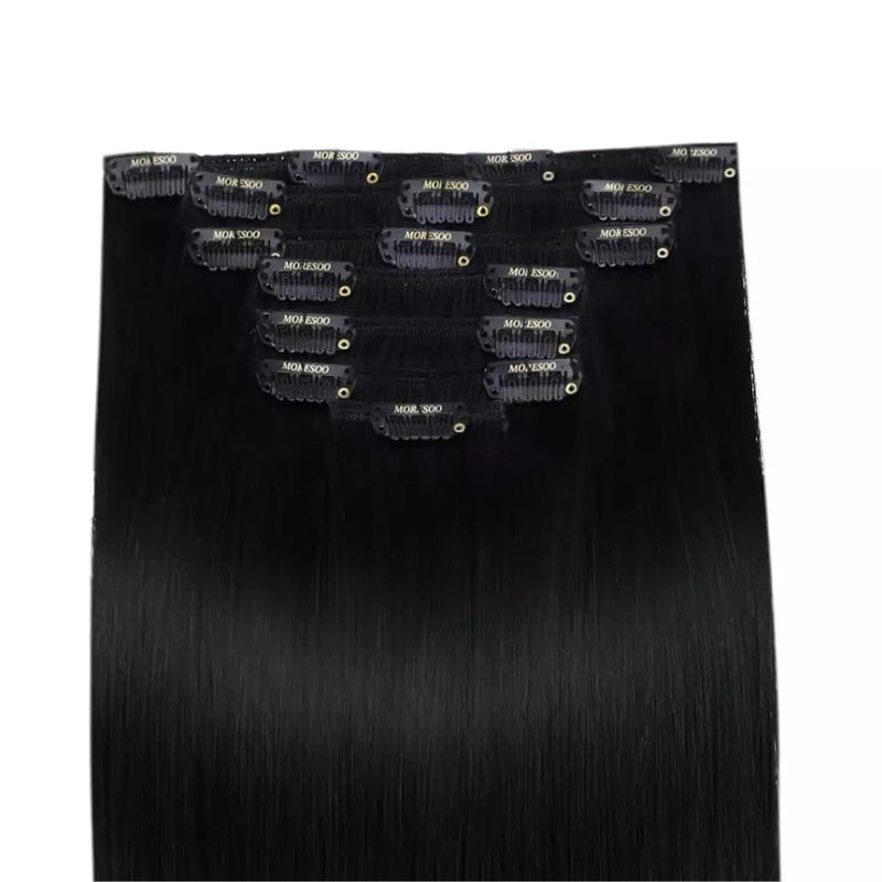 Load image into Gallery viewer, add instant volume and length to your hair 18 inch clip in extension black hair straight remy human hair
