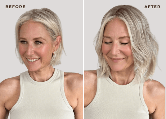 Before and after comparison of a woman with blonde hair, wearing a blonde hair topper.