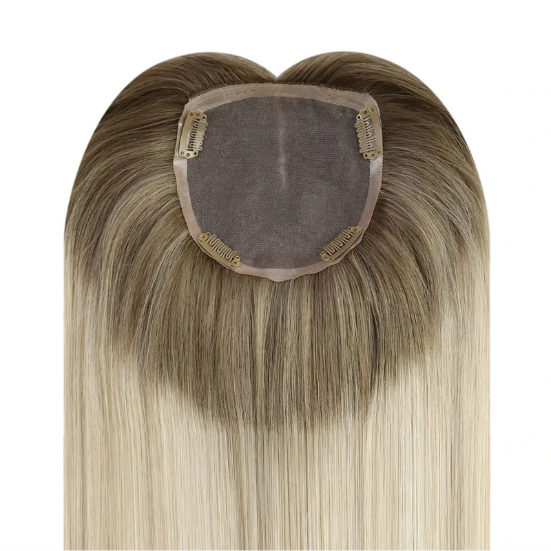 Moresoo Remy human hair topper with ombre blonde color for thinning crown