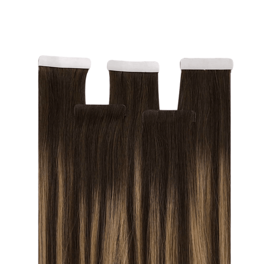 Moresoo medium brown balayage tape in extensions, high-quality balayage tape ins, 14-inch medium brown balayage hair, smooth brown balayage extensions, invisible balayage tape ins, premium medium brown balayage extensions, salon-quality brown balayage hair, seamless medium brown balayage hair, natural balayage extensions, luxurious brown balayage hair, medium brown balayage tape in for natural hair