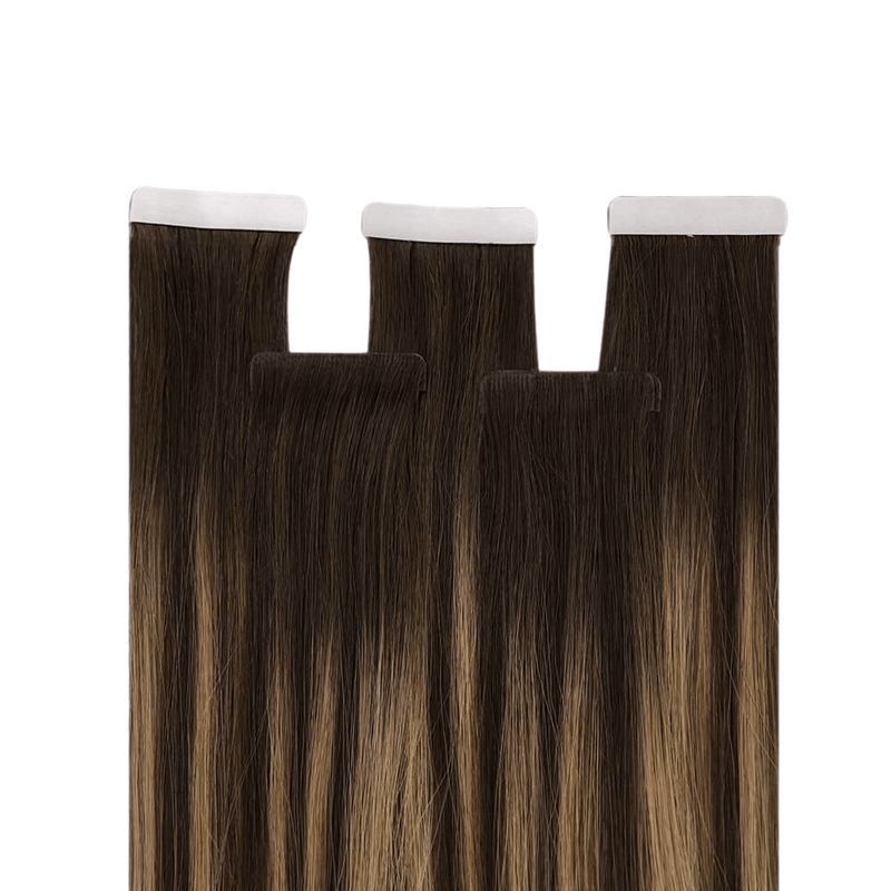 Load image into Gallery viewer, Moresoo medium brown balayage tape in extensions, high-quality balayage tape ins, 14-inch medium brown balayage hair, smooth brown balayage extensions, invisible balayage tape ins, premium medium brown balayage extensions, salon-quality brown balayage hair, seamless medium brown balayage hair, natural balayage extensions, luxurious brown balayage hair, medium brown balayage tape in for natural hair
