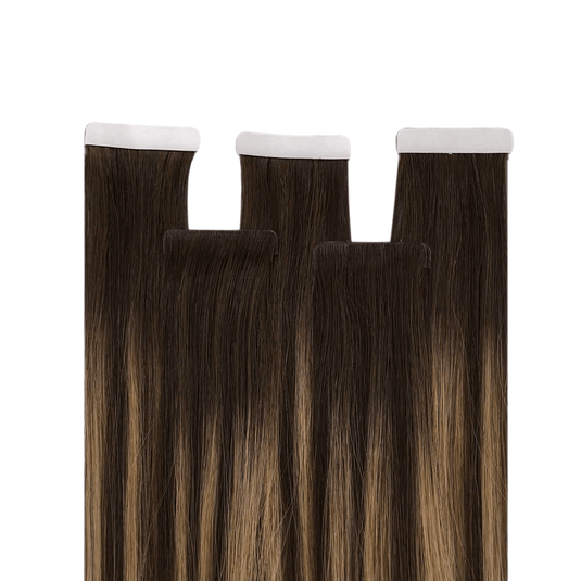 Moresoo medium brown balayage tape in extensions, high-quality balayage tape ins, 14-inch medium brown balayage hair, smooth brown balayage extensions, invisible balayage tape ins, premium medium brown balayage extensions, salon-quality brown balayage hair, seamless medium brown balayage hair, natural balayage extensions, luxurious brown balayage hair, medium brown balayage tape in for natural hair