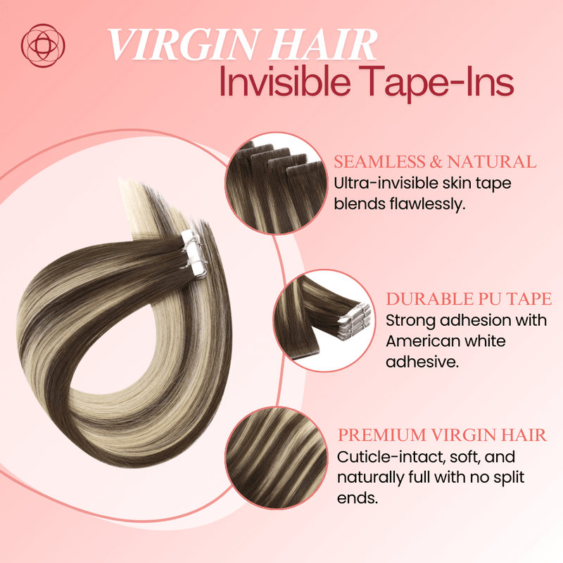 Load image into Gallery viewer, blonde highlights hair extensions, 20-inch blonde highlights tape in, high-quality pink tone blonde highlights, seamless blonde highlights tape in extensions, 22-inch blonde highlights hair, smooth blonde highlights tape in, invisible tape in extensions for blonde highlights, natural blonde highlights extensions
