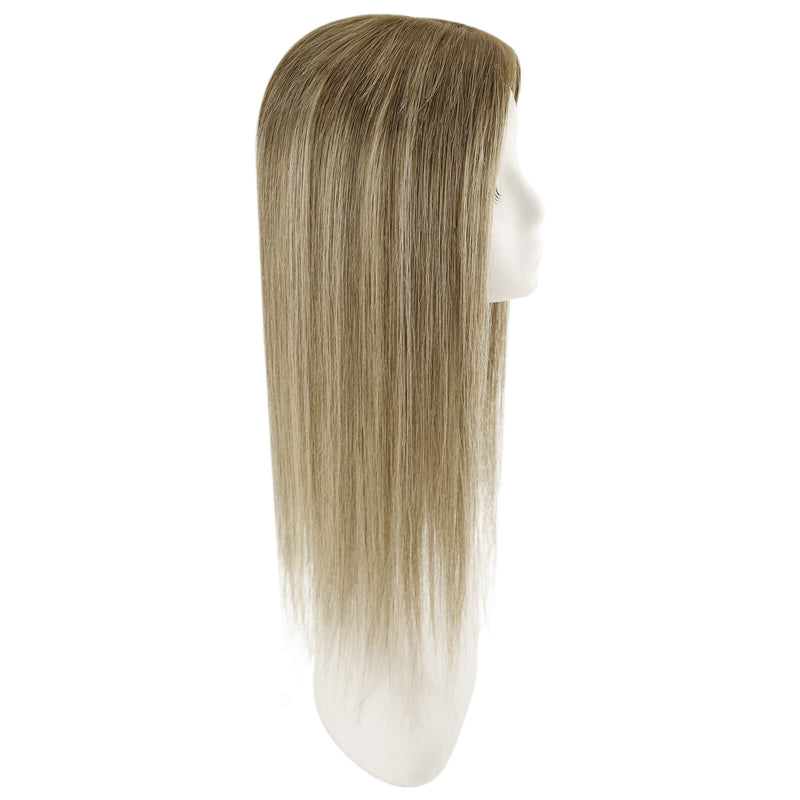 Load image into Gallery viewer, A long, straight topper with a warm brown and blonde ombré color, displayed on a white mannequin head against a plain white background.

