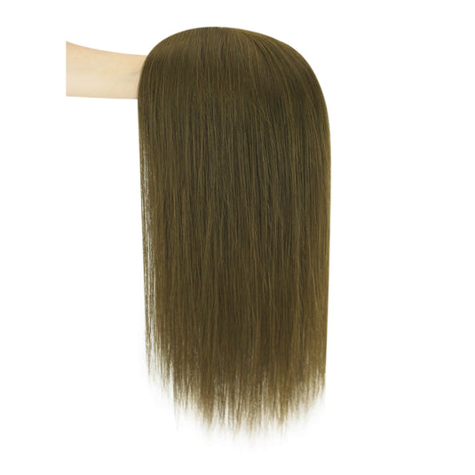A straight, shoulder-length wig with smooth, sleek hair in a medium brown shade, displayed on a mannequin head against a plain white background.