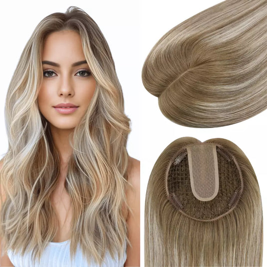 Woman with long blonde hair and close-up of blonde hair topper on a white background