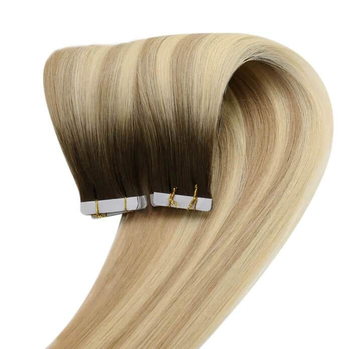 Load image into Gallery viewer, Moresoo brown to blonde ombre tape ins, 16-inch deep brown blonde ombre hair extensions, luxurious ombre balayage, high-quality brown blonde ombre extensions, invisible ombre tape ins, seamless brown blonde ombre, salon-quality ombre hair, smooth brown blonde ombre tape ins, premium ombre hair extensions, natural deep brown blonde ombre

