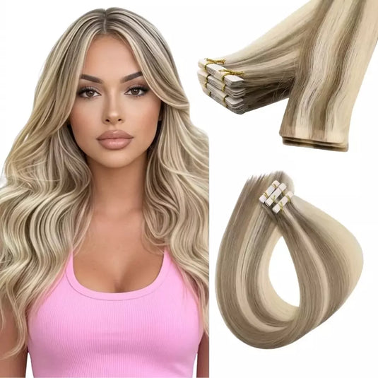 Woman with long blonde hair next to invisible tape hair extensions on a white background