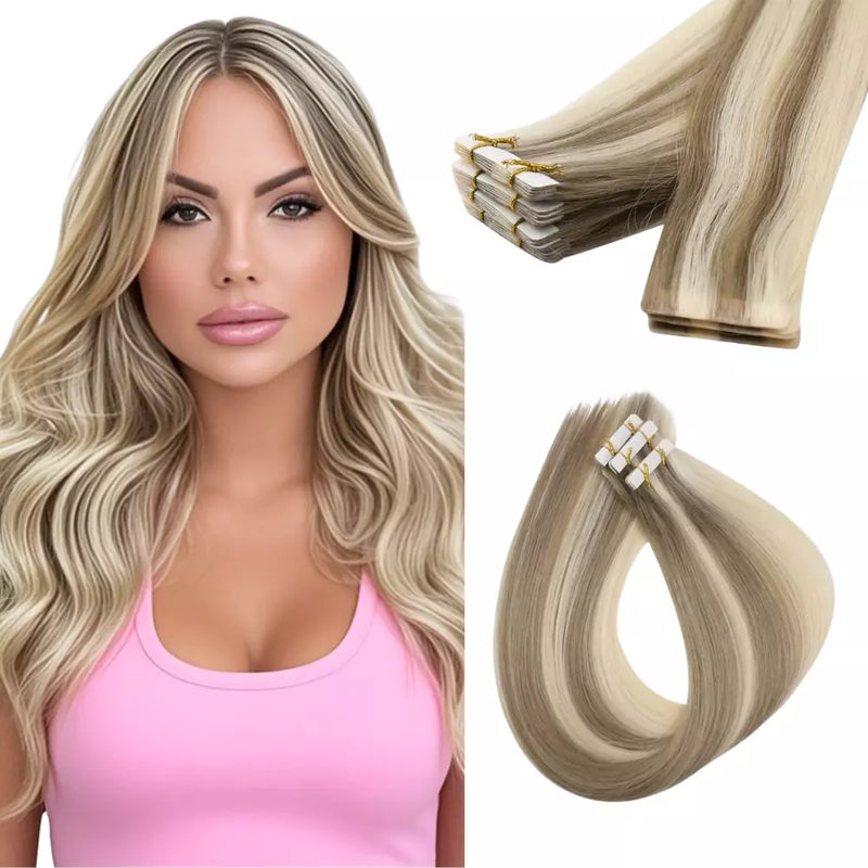 Load image into Gallery viewer, Moresoo light brown with golden highlights extensions, premium blonde balayage, seamless tape-in hair extensions, natural golden brown mix, high-quality brown blonde highlights, luxurious light brown blonde, smooth balayage tape ins, salon-quality light brown blonde hair, invisible tape-in extensions, natural golden brown ombre
