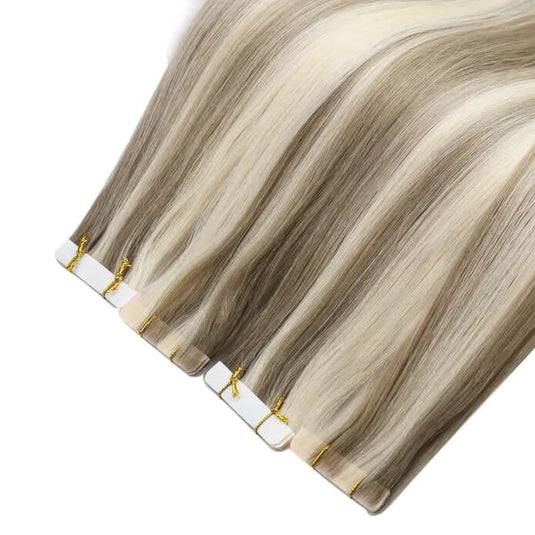 Moresoo golden brown balayage tape-ins, 14-inch extensions, seamless light brown blonde mix, high-quality golden blonde hair, natural balayage highlights, luxurious brown blonde balayage, invisible extensions, smooth brown blonde mix, salon-quality balayage hair, long-lasting adhesive extensions