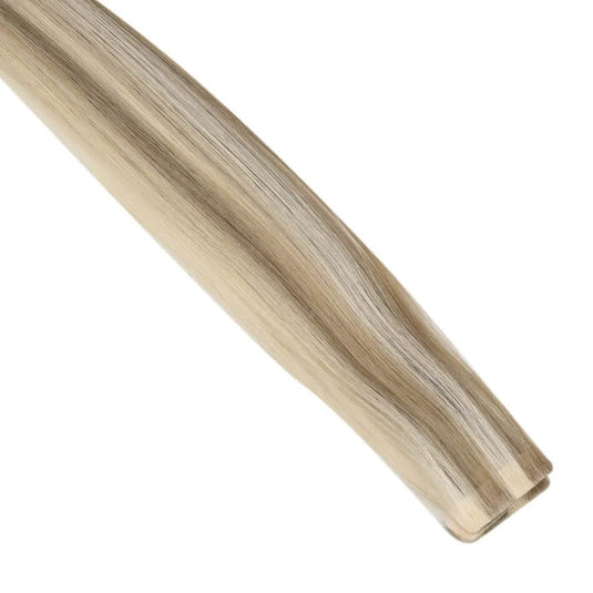 Moresoo golden brown blonde balayage hair, 18-inch tape-ins, high-quality seamless balayage, luxurious golden blonde highlights, natural brown blonde mix, smooth balayage tape-ins, invisible extensions, premium light brown blonde hair, salon-quality balayage, long-lasting adhesive hair extensions