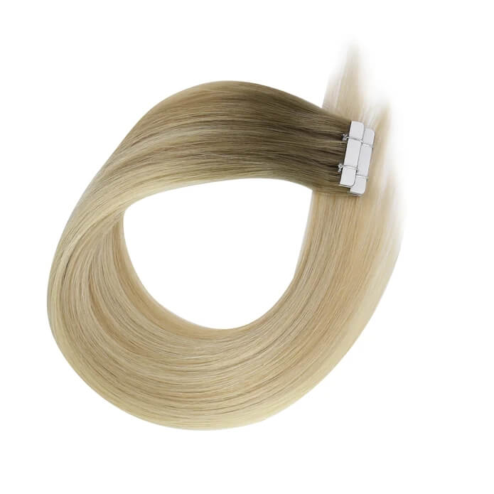 Load image into Gallery viewer, Moresoo blonde ombre tape ins, 16-inch ombre hair extensions, easy installation with secure adhesive, premium light brown blonde ombre, seamless ombre highlights, high-quality ombre hair, natural balayage extensions, long-lasting adhesive tape ins, smooth ombre extensions, salon-quality hair
