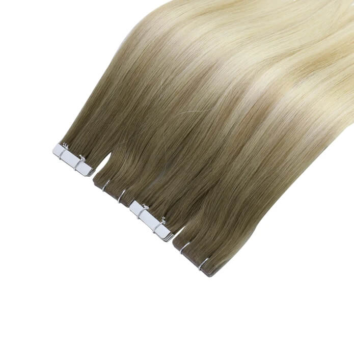 Load image into Gallery viewer, Moresoo light brown blonde ombre, 14-inch ombre tape ins, easy and strong adhesive, secure installation extensions, seamless light brown to blonde ombre, high-quality ombre highlights, premium balayage tape ins, natural ombre hair, smooth ombre extensions, salon-quality ombre hair
