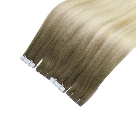 Moresoo light brown blonde ombre, 14-inch ombre tape ins, easy and strong adhesive, secure installation extensions, seamless light brown to blonde ombre, high-quality ombre highlights, premium balayage tape ins, natural ombre hair, smooth ombre extensions, salon-quality ombre hair