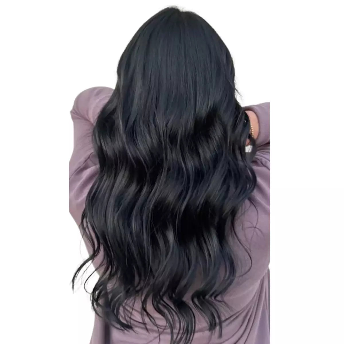Natural Black invisible tape in weft hair extensions on a white background
