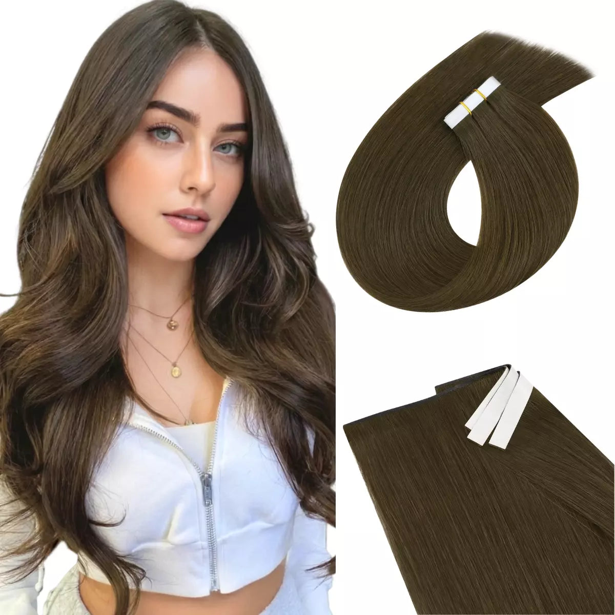 A woman modeling a long, wavy brown hair extension, shown alongside close-up views of the invisible tape in hair extension bundles on a white background.