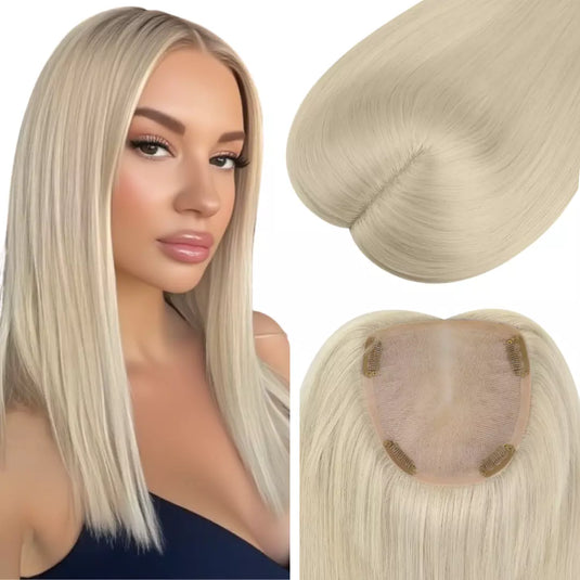 Woman with blonde hair topper on a white background