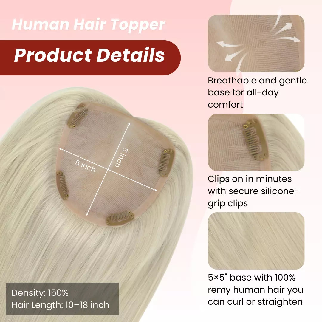 Human hair topper product details with breathable base, secure clips, and 100% remy human hair.