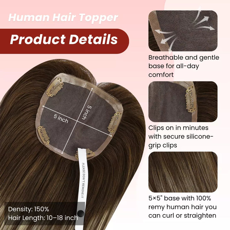 Load image into Gallery viewer, Moresoo Remy human hair topper for thinning hair in brown, clip-in topper hair piece for women
