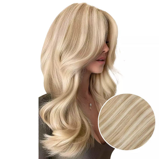 Model with long, blonde keratin hair extensions on a white background